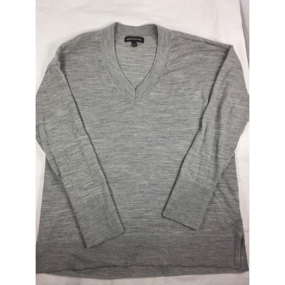 Banana Republic Merino Wool V-Neck Sweater Heather Gray Long Sleeve Small
